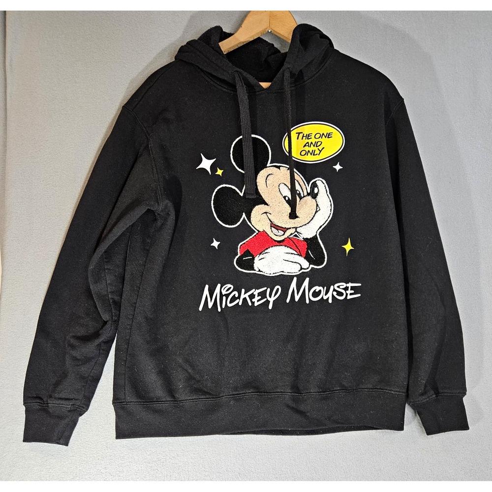 Disney MickeyMouse Chenille Patch Hoodie Black Oversized Streetwear Kidcore Sz L